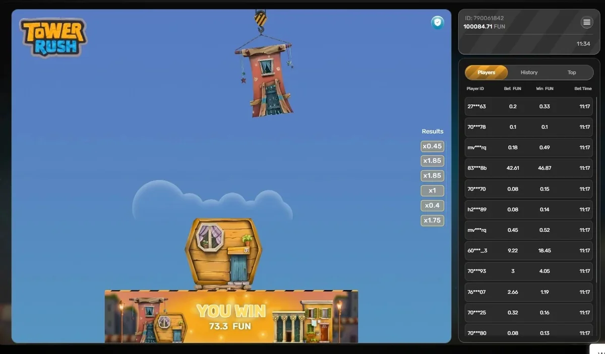 Tower Rush demo round played in FUN credits ending with a 73.3 win, alongside the live players list and the multiplier results history