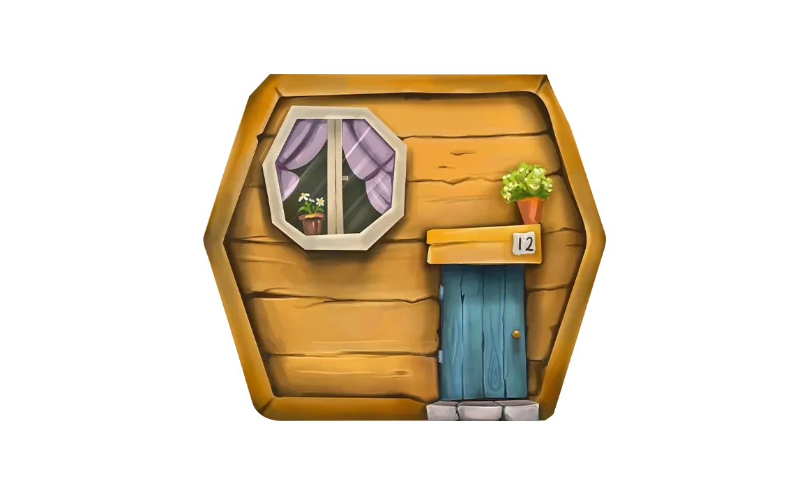 A single Tower Rush floor — a wooden block with a round window, a blue door and house number 12 — waiting to be stacked onto the tower