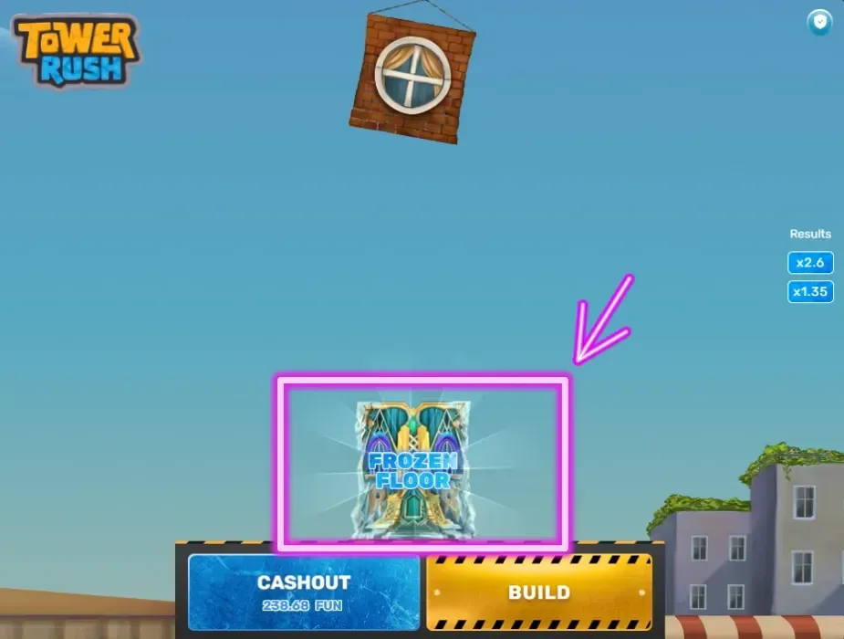 The Frozen Floor bonus locked into a Tower Rush tower, with the CASHOUT and BUILD buttons underneath