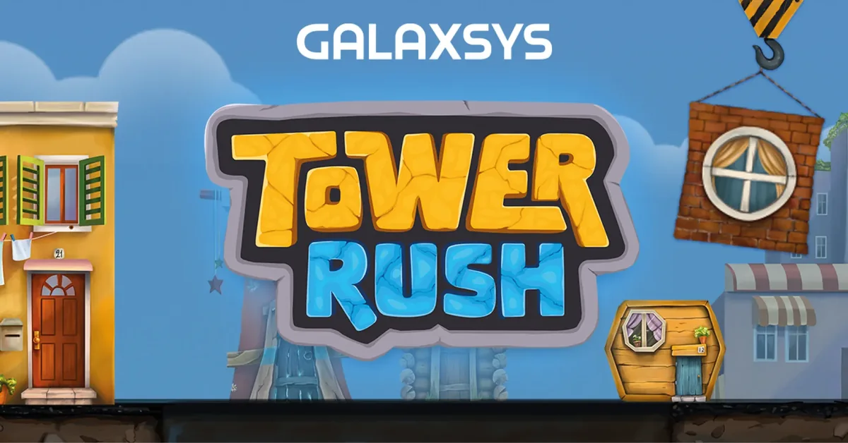 Tower Rush logo by Galaxsys above the game's animated city street with floors hanging from the crane