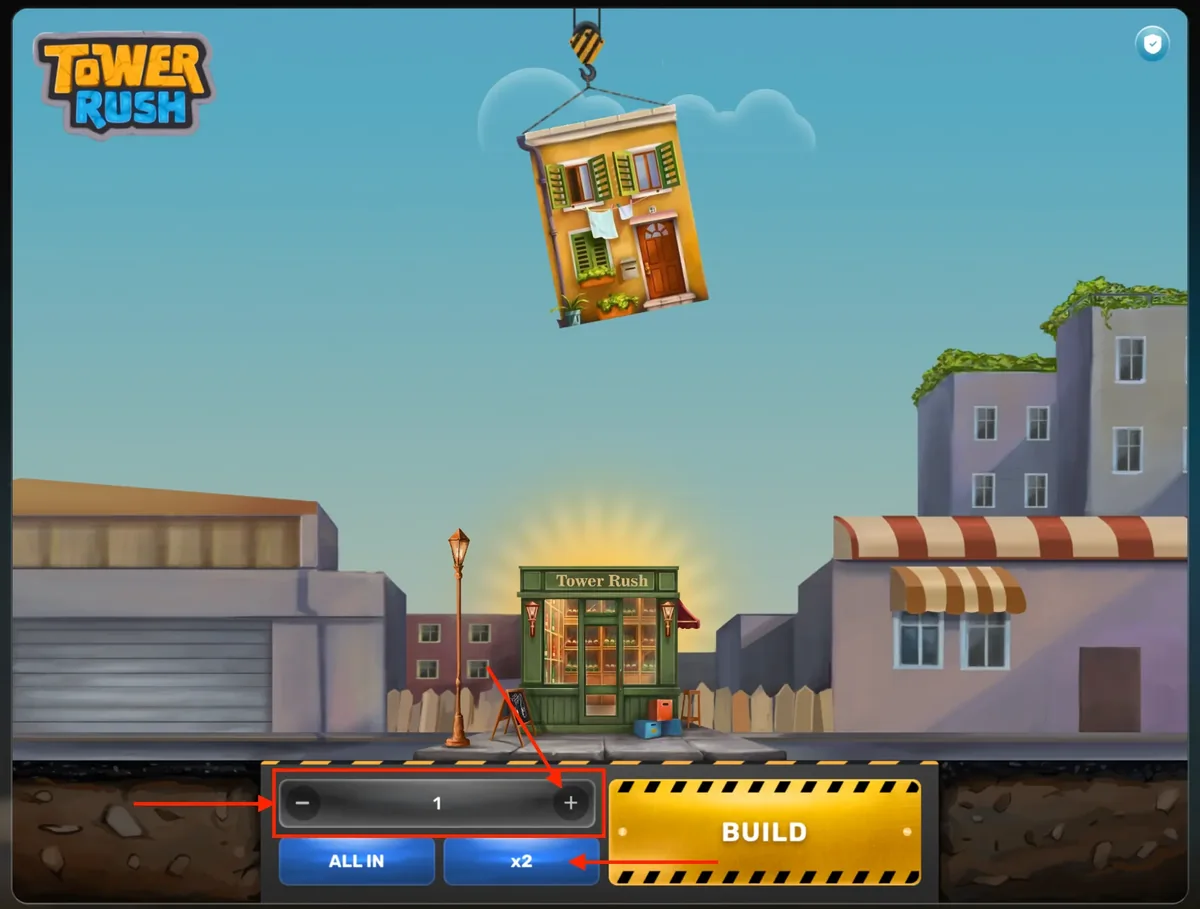 Tower Rush game interface: a floor hanging from the crane, the bet amount stepper with ALL IN and x2 buttons, and the yellow BUILD button