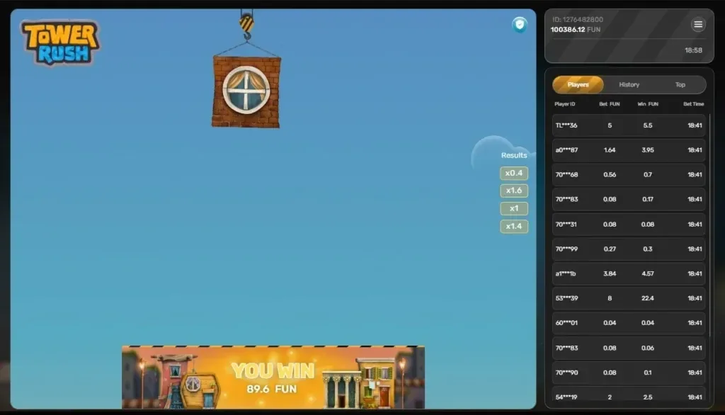 A Tower Rush round paying out 89.6 FUN, with the recent multipliers x0.4, x1.6, x1 and x1.4 listed in the results panel